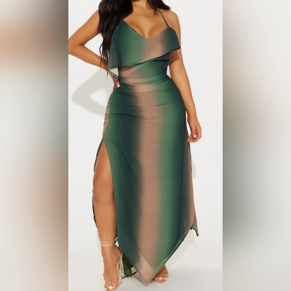 Elegant Green and Brown Women's Dress New With Tags Size Large No Stretch
